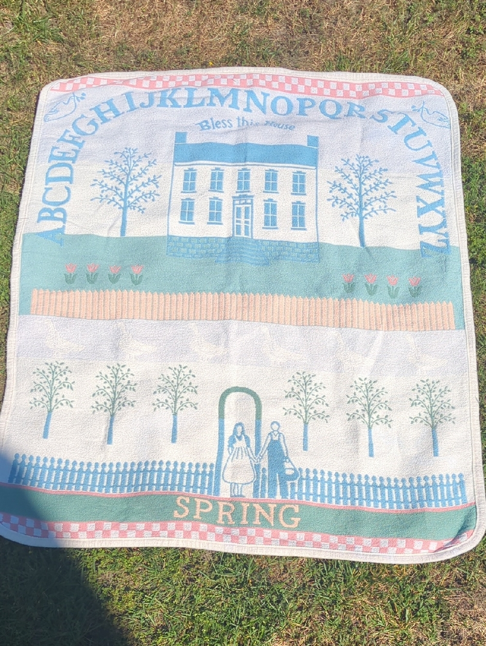 Vintage Cottagecore Spring Alphabet Throw Blanket Folk Art House Scene Cotton Bl
